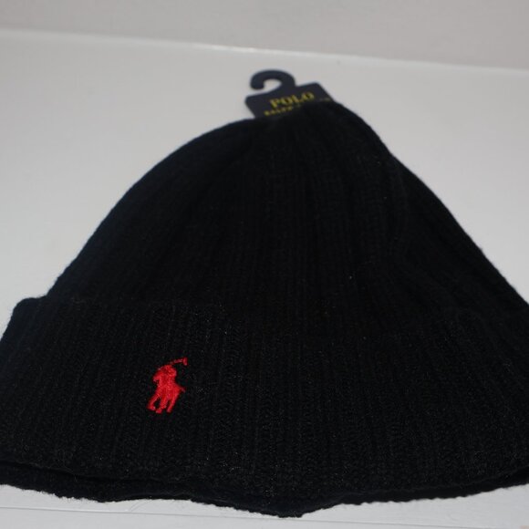 Polo Ralph Lauren Other - Polo Ralph Lauren Black Ribbed Knit Beanie Hat Red Pony Logo New With Tags Winte